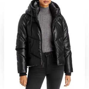Hooded leather puffer